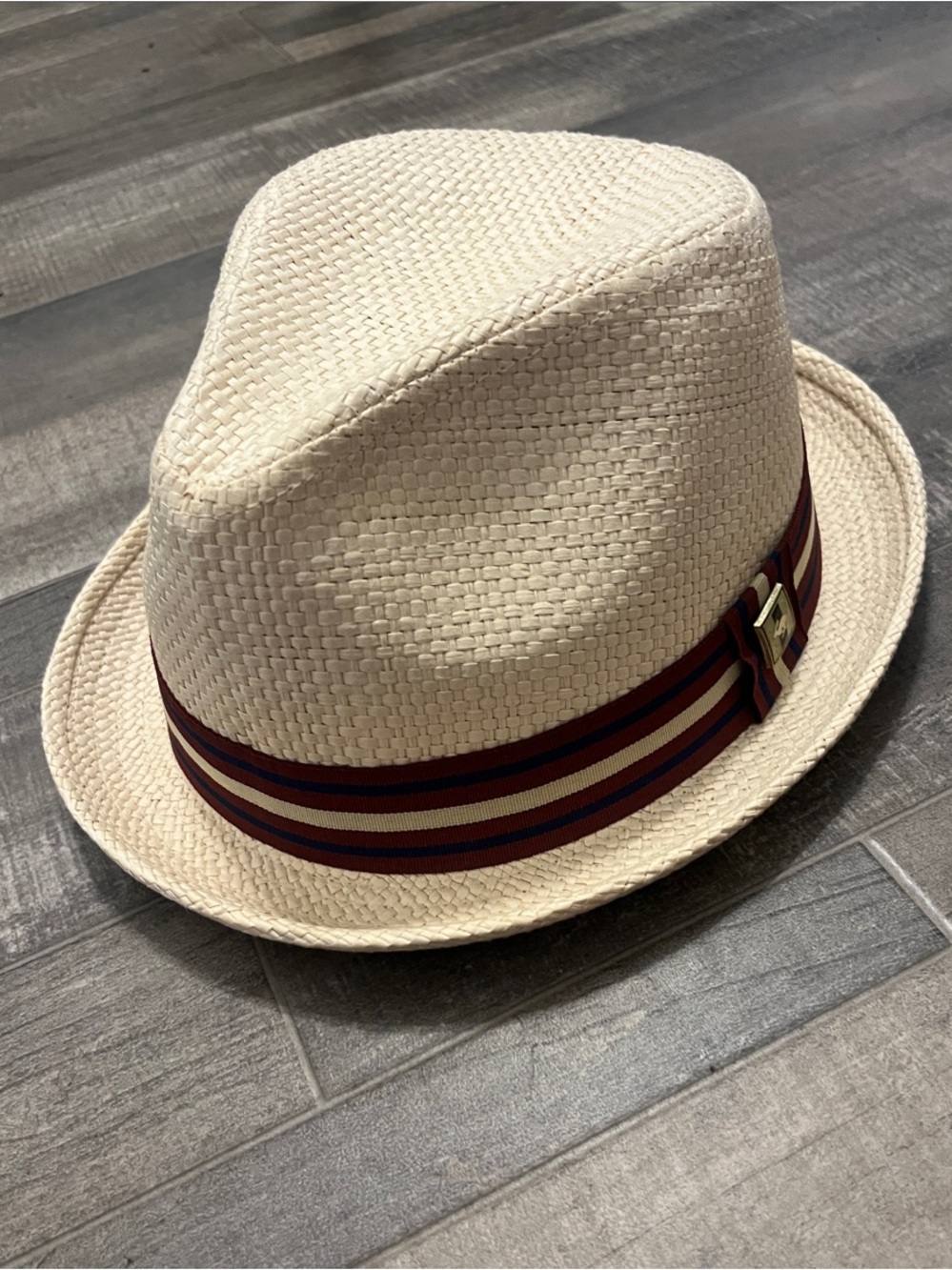 Peter Grimm Cream Straw Fedora with Navy and Burgundy Trim